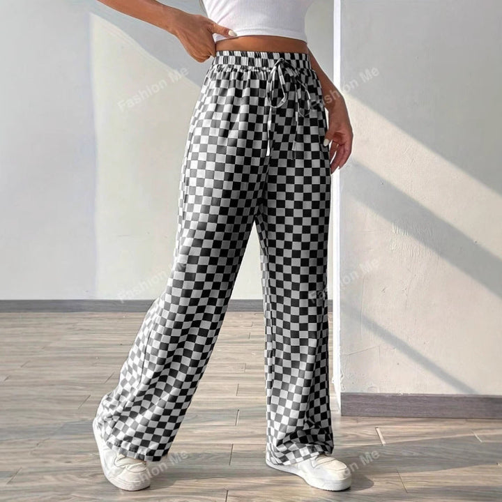 Pantalon large femme | Motif à carreaux moderne et coupe décontractée