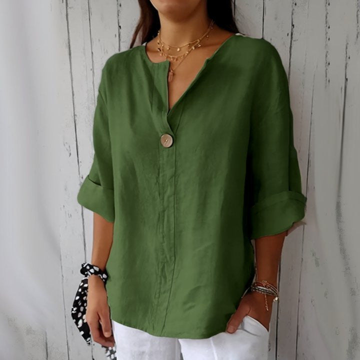 Chemise ample à col en V avec bouton | Élégance simple et coupe fluide