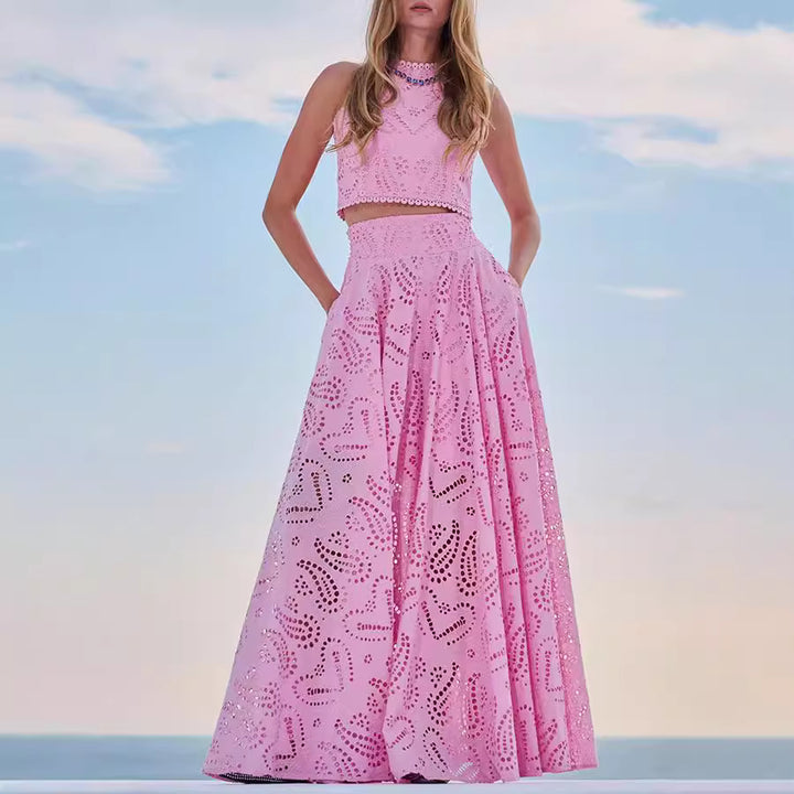 Ensemble jupe longue & crop top ajouré | Idéal pour occasions sophistiquées
