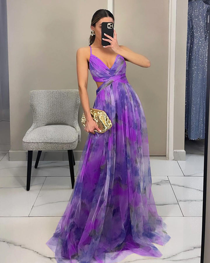 Robe longue dos croisé imprimée | Parfaite pour les occasions élégantes