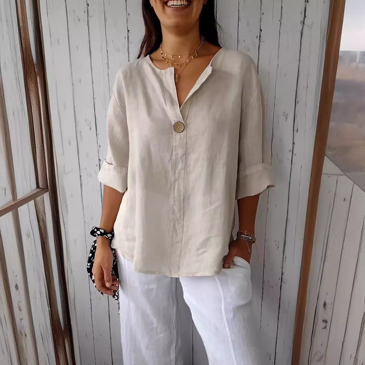 Chemise ample à col en V avec bouton | Élégance simple et coupe fluide