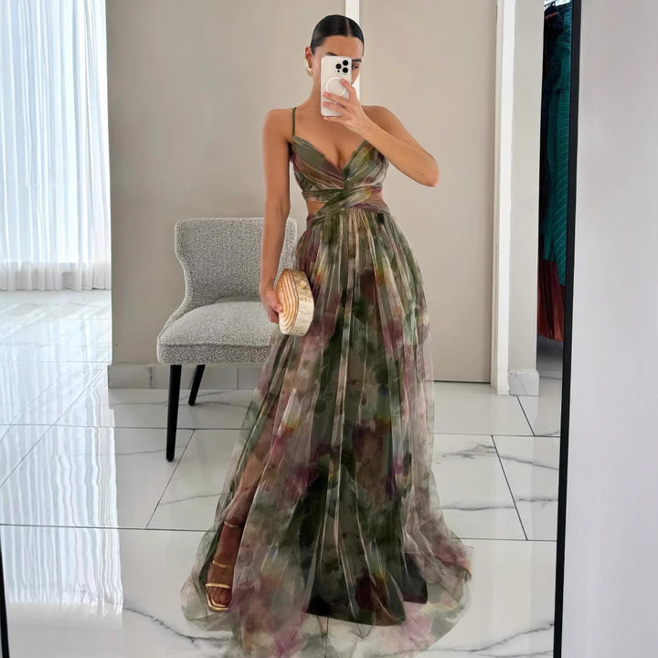 Robe longue dos croisé imprimée | Parfaite pour les occasions élégantes