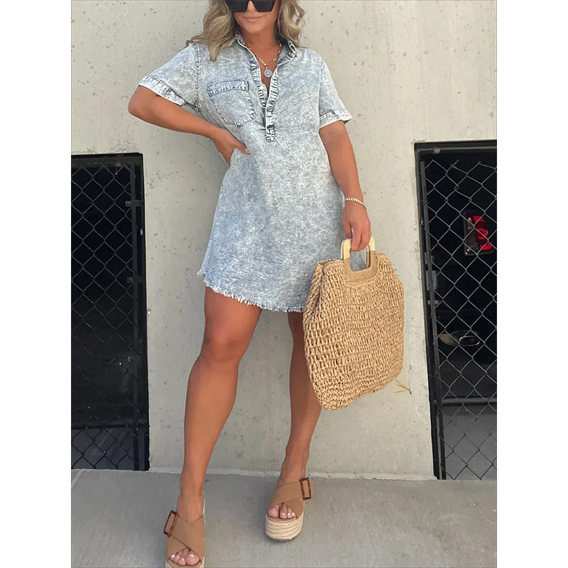Robe‑chemise courte en denim effet délavé | Parfaite pour look estival décontracté