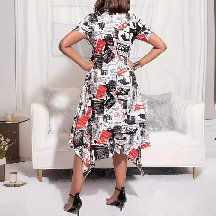 Robe asymétrique imprimé journal | Originalité quotidienne