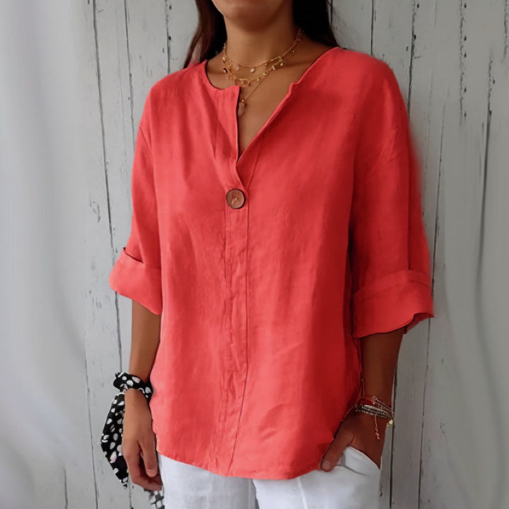 Chemise ample à col en V avec bouton | Élégance simple et coupe fluide