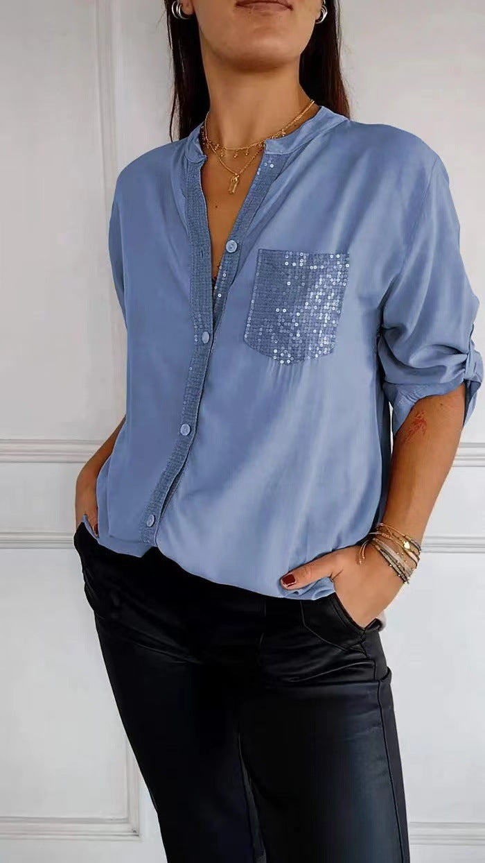 Chemise à Manches Longues à Boutons | Détail Pailleté Élégant pour Toutes Occasions
