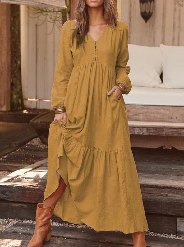 Robe Longue Bohème Élégante à Manches Longues | Silhouette Fluide avec Poches Latérales