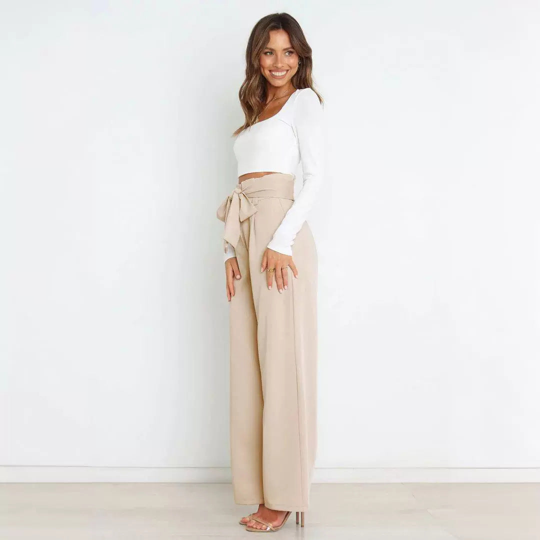 Pantalon large taille haute à nouer | Élégance décontractée au bureau ou en sortie