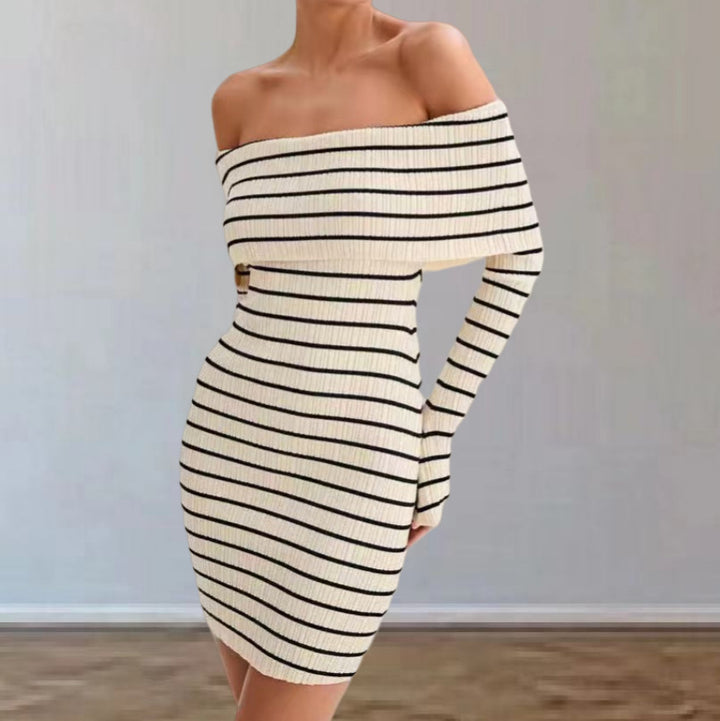 Robe côtelée bardot rayures | Chic automnal sans effort