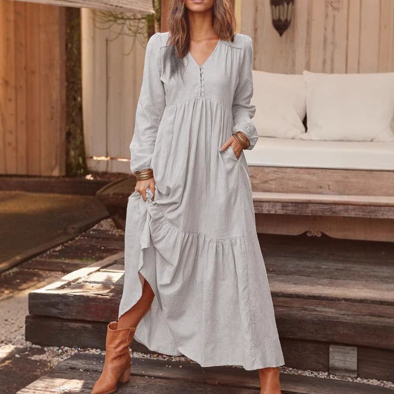 Robe Longue Bohème Élégante à Manches Longues | Silhouette Fluide avec Poches Latérales
