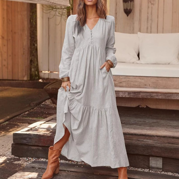 Robe Longue Bohème Élégante à Manches Longues | Silhouette Fluide avec Poches Latérales