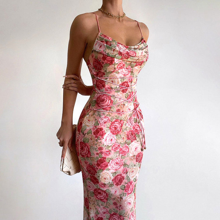 Robe longue imprimé floral à lacets | Élégance romantique pour l'été