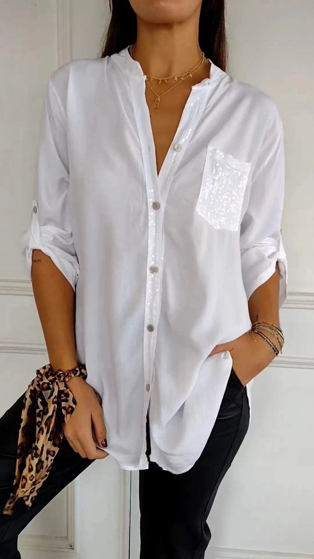 Chemise à Manches Longues à Boutons | Détail Pailleté Élégant pour Toutes Occasions