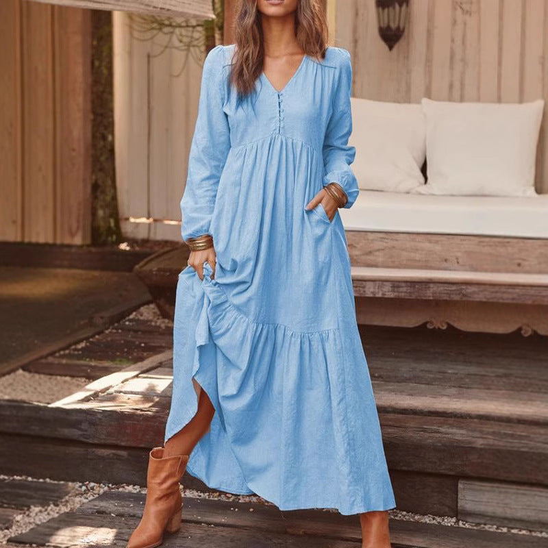 Robe Longue Bohème Élégante à Manches Longues | Silhouette Fluide avec Poches Latérales