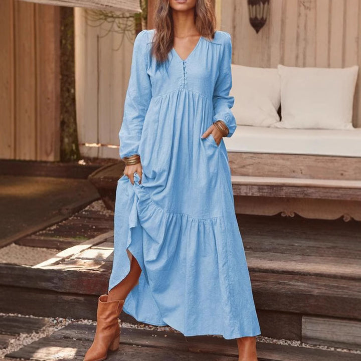 Robe Longue Bohème Élégante à Manches Longues | Silhouette Fluide avec Poches Latérales