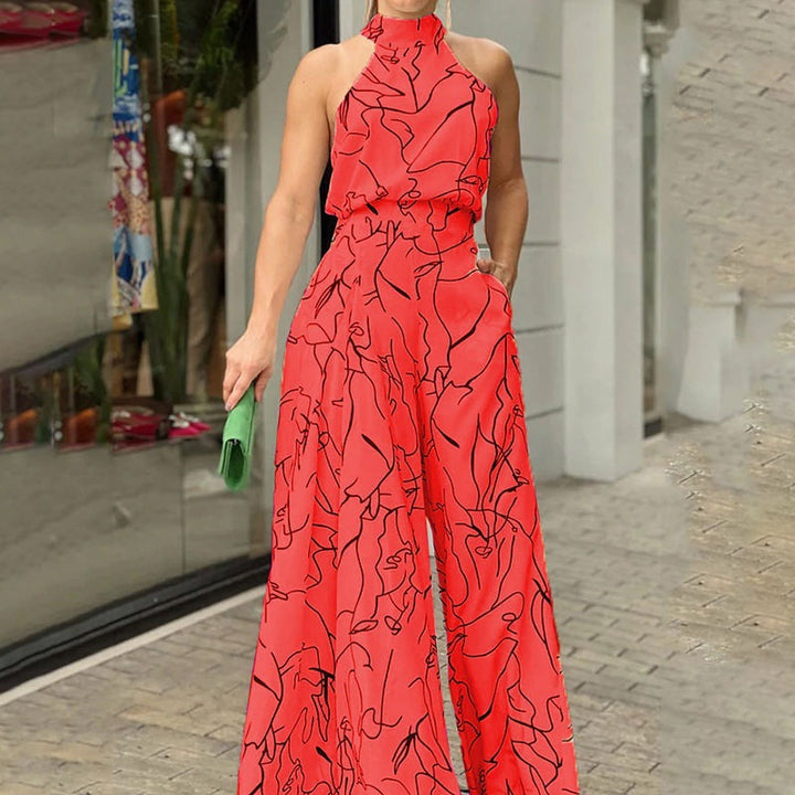 Combinaison Élégante à Col Halter | Design Fluide avec Imprimé Artistique