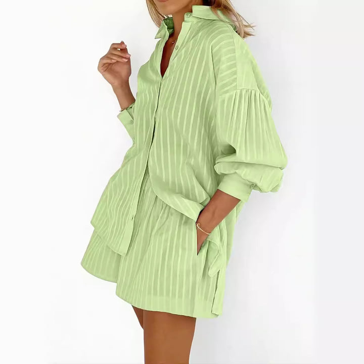 Ensemble Deux Pièces | Chemise Ample à Rayures et Short Décontracté