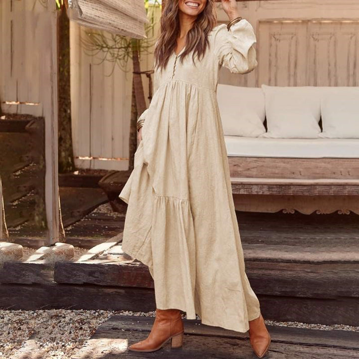Robe Longue Bohème Élégante à Manches Longues | Silhouette Fluide avec Poches Latérales