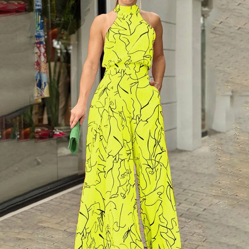 Combinaison Élégante à Col Halter | Design Fluide avec Imprimé Artistique
