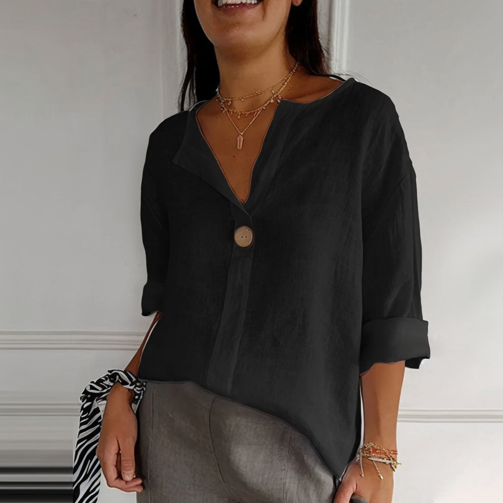 Chemise ample à col en V avec bouton | Élégance simple et coupe fluide