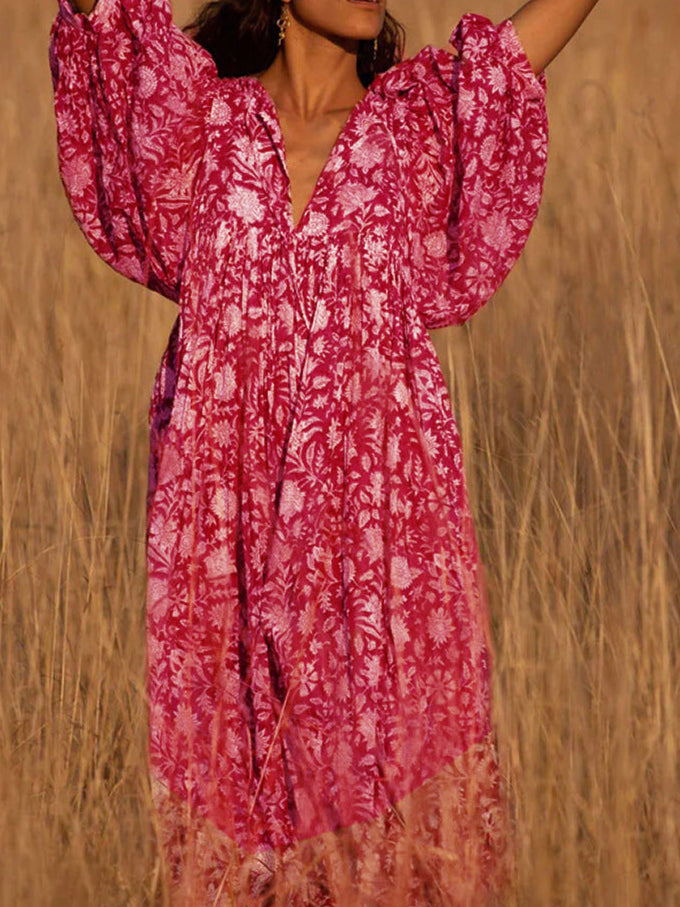 Robe Longue Bohème à Col en V et Manches Amples | Silhouette Féminine pour Toutes les Occasions