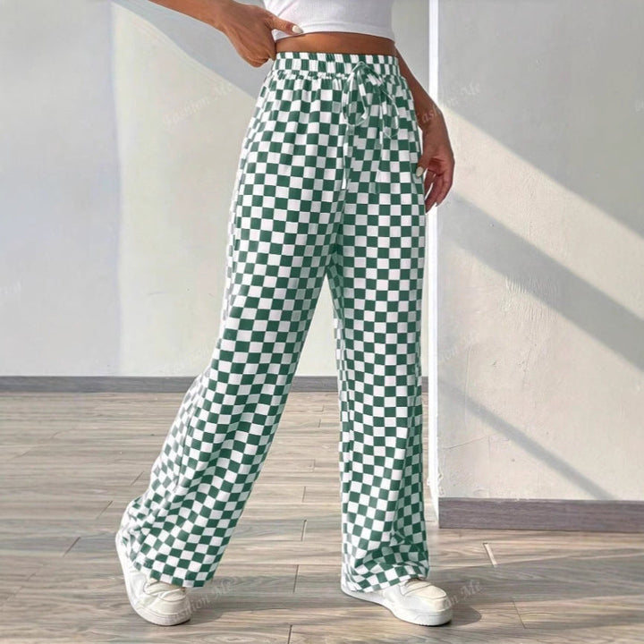 Pantalon large femme | Motif à carreaux moderne et coupe décontractée