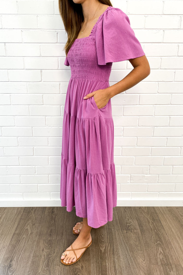 Robe midi à épaules dégagées | Volume léger et allure féminine