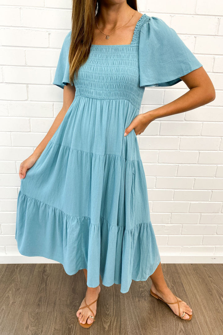 Robe midi à épaules dégagées | Volume léger et allure féminine