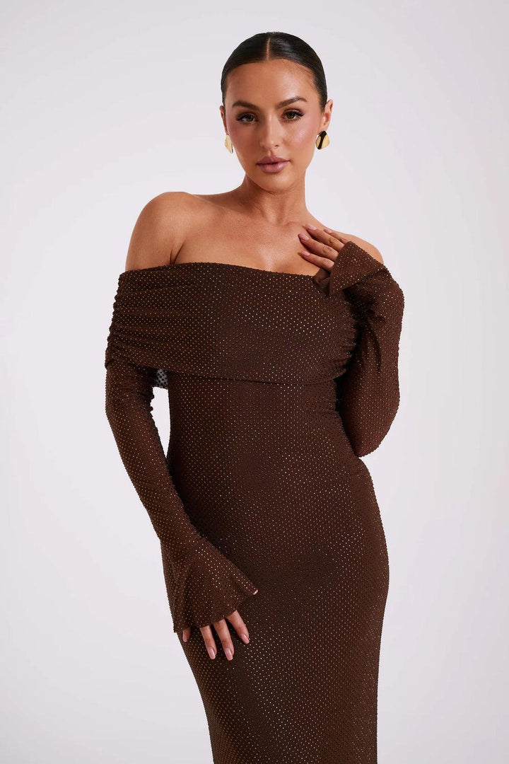 Robe longue à sequins épaules dénudées | Élégance de soirée