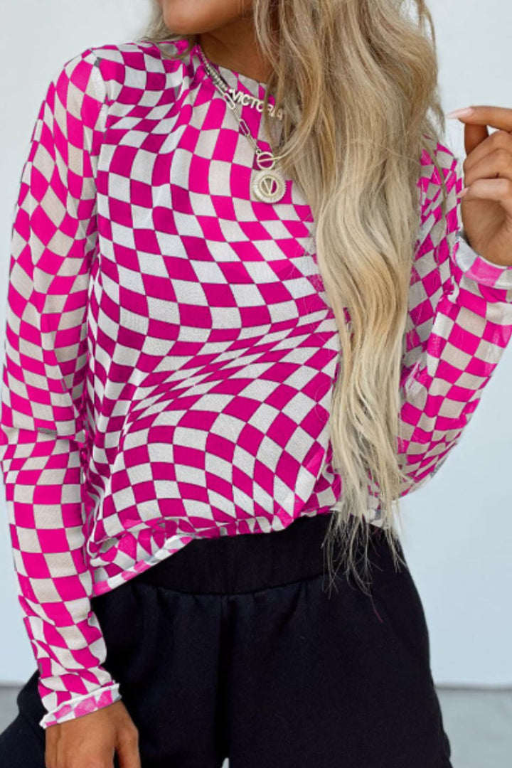 Blouse à col montant | Motif à carreaux graphique