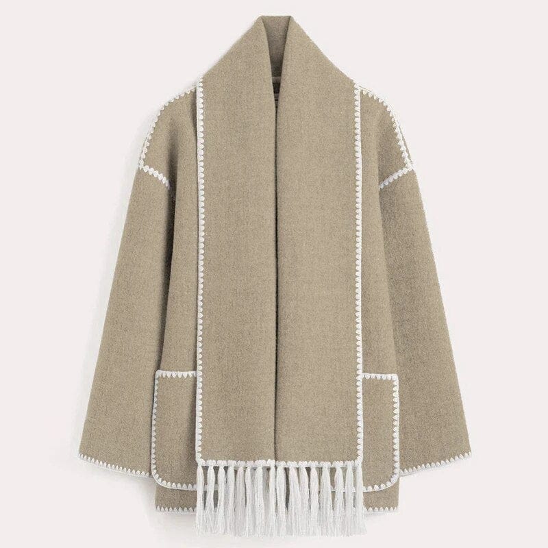 Manteau à franges avec écharpe intégrée | Élégance automnale