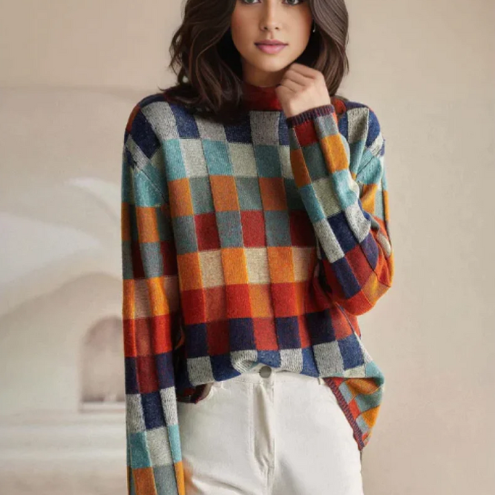 Pull à col montant | Motif à carreaux multicolore