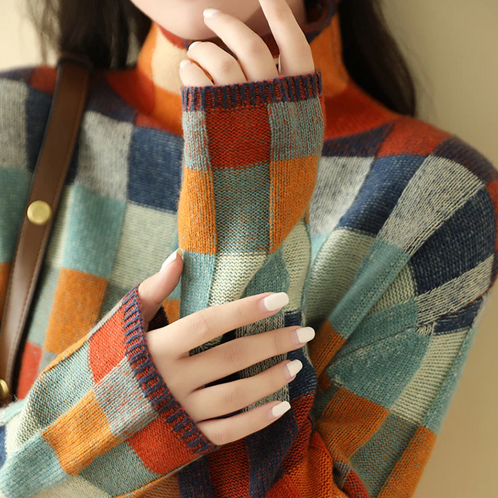 Pull à col montant | Motif à carreaux multicolore