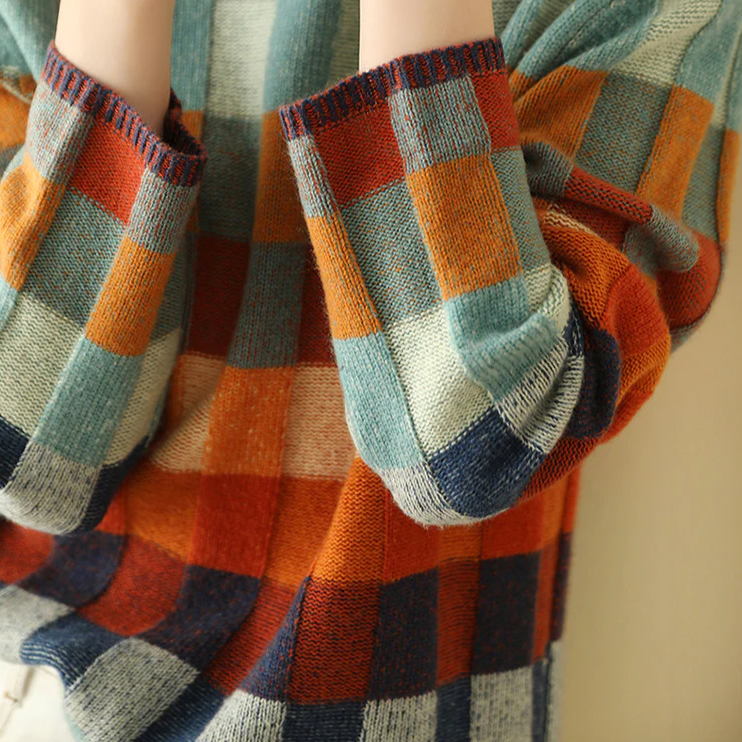 Pull à col montant | Motif à carreaux multicolore