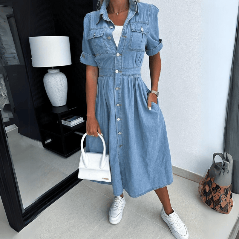 Robe chemise mi-longue en denim | Style décontracté et tendance