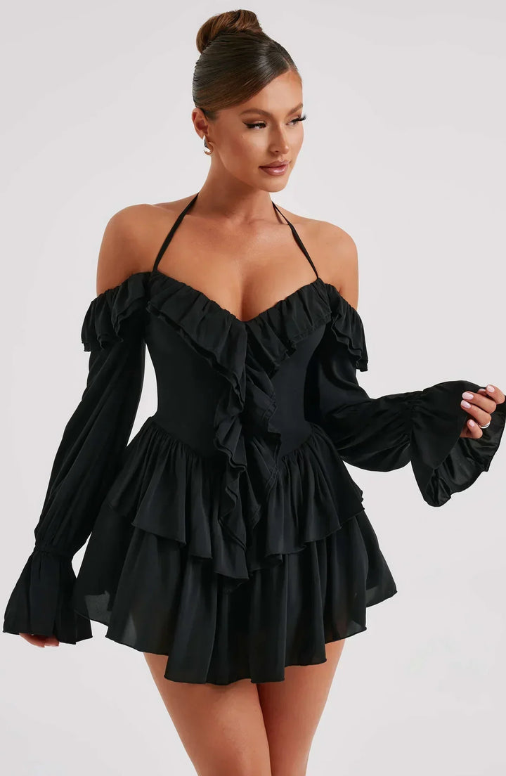 Robe courte épaules dénudées à volants | Élégance féminine